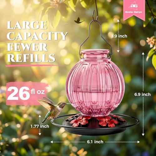 Glass Hummingbird Feeder for Outdoors Hanging, 26 fl oz Bird Nectar Feeder | 5 Metal Flower Feeding Ports, 360° Perch Ring, Easy Refill & Clean, Leakproof, Ideal for Backyard Garden Outdoor Decor, Pink - color: Pink