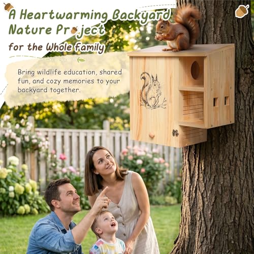 Large Squirrel House for Outside, Wooden Squirrel Nesting Box | Solid Pine Den Box, Predator Guard & Easy-Clean Front Door, Enhanced Protection, Backyard Habitat Shelter for Outdoor Winter - size: Large