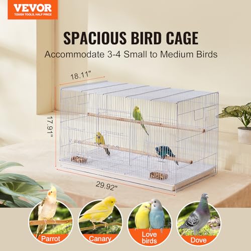VEVOR 30-inch Flight Bird Cage, Stackable Bird Cage for Small Parrots Canaries Cockatiels Lovebirds Finches Budgies Conures Macaws Pet Travel Birdcage with Handle and Perches - color: White
