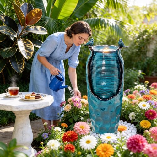 Autodaya 33" Vase Ceramic Outdoor Water Fountain with Lights and Birds | teal blue glazed water feature with textured design, ambient soothing cascading water flow for garden patio yard sanctuary - color: 33"h-birds Jar Turquoise Glaze