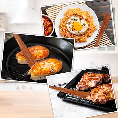 2 Pcs Wooden Spatula for Cooking 9.8" Teak Flat Wooden Spatula Wood Flipper Egg Scraper Non Stick Frying Pan Cast Iron Wood Cooking Utensil for Kitchen Turning Flipping Serving Scraping