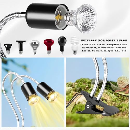 Hermit Crab Heat Lamp, Double-Head Reptile Heat Lamp with Clamp, Reptile Light with Rotatable Hose and Timer, Suitable for Reptiles Lizard Turtle Tortoise Snake Bearded Dragon, 4 Bulbs 25W+50W - size: Double-Head
