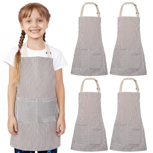 Newcotte Stripes Kids Aprons, Adjustable Cotton Bib Chef Apron with 2 Pockets for Cooking Painting Baking Toddler Boys Girls - color: Brown