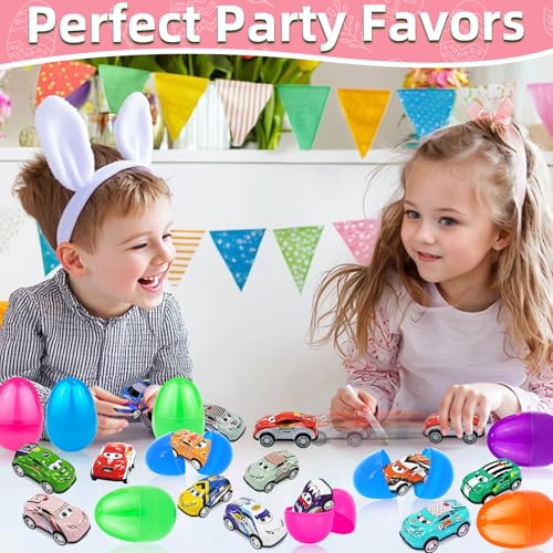 12 Pack Easter Eggs with Pull Back Car Toys, Colorful Eggs Vehicle for Kids Boys Toddlers Easter Basket Stuffers Filler Surprise Egg Hunt Classroom Prize Supplies Party Favors - style: 12 Pack Easter Egg with Pull Back Car