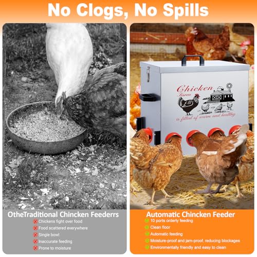 100LB Large Automatic Chicken Feeder–10 Feeding Ports No-Waste Galvanized Metal Chicken Feeder with Adjustable Legs & Locking Lid Poultry Feeder for Chickens,Geese,Ducks,Waterproof