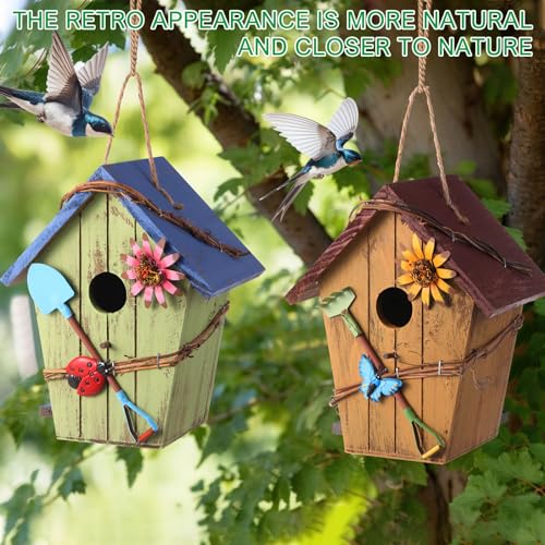 DoubleFill 2 Pcs Birdhouses for Outdoor Hanging Yard Outside Wooden Birdhouse Hand Painted Bird Box for Bird Lovers Bluebird Tree Garden Decor Decorative Birdhouse(Bright Color,Wooden Roof) - color: Bright Color, size: Wooden Roof