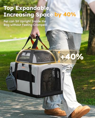 Pecute Cat Carrier,Top Expandable Dog Crate for Travel, Grey | 5mm Anti-Collapse Steel Frame, Soft Mesh, Vet Visits, Foldable Travel Crate,Outdoor Hammock, Leakproof Pee Pad & Bowl - color: Grey