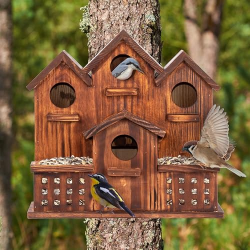 MIXUMON Bird House Outdoor with Feeder, 6-Room Wooden Birdhouse for Outdoors & Outside, Carbonized Pine Wood Bird Houses with 1.57” Entrance & Easy Clean-Out Doors - color: Carbonize