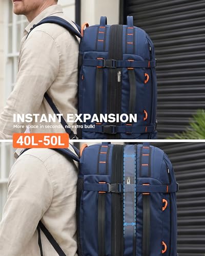 Tolaccea Travel Backpack 40-50L, 16" Laptop Carry On Duffle for Travel Work | 40-50L Expandable, TSA Approved 180° Open, 3L Wet-Dry Pocket, RPET Fabric, 3-in-1 Convertible Carrying, Detachable Waist Belt - color: Blue