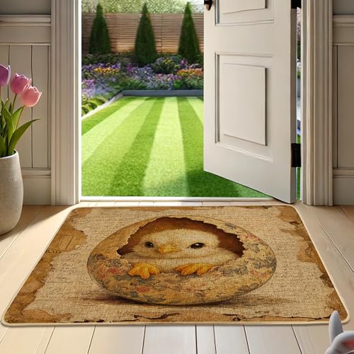 Cute Chick Hatching Doormat, Light Brown Chick Design for Spring & Easter Outdoor & Indoor Entrance Decor, Rubber Waterproof Non-Slip Dust Absorbent Front Mat, Easy to Clean 29x17 Inch