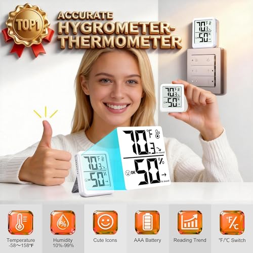 Room Thermometer Indoor Hygrometer Temperature and Humidity Monitor | Accurate Sensor, Fast Refresh, Big Digits, Easy to View, ℉/℃, w/ AAA Battery, Compact for Home, Office, Pet, Plant - color: White - Upgraded Version, size: 1 - Pack