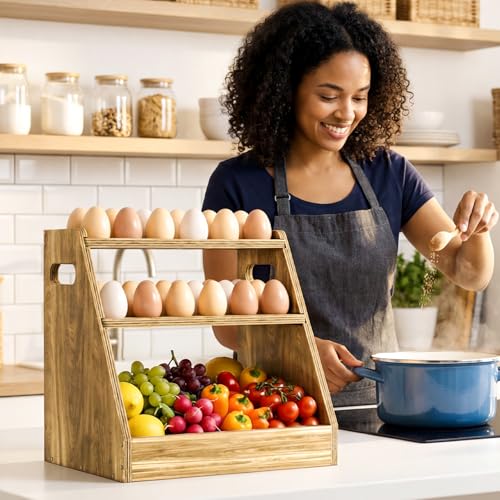 3-Tier Wood Egg Holder, Egg Holder Countertop with Basket, Wooden Egg Basket with Handle Holds 70-80 Fresh Eggs for Kitchen, Farm Gathering