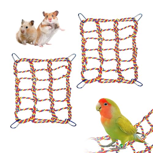 2 Pcs Rat Climbing Ropes for Cage Accessories - Bird Rope Rat Toys - 12.6 x 9.84 inch Hammock - Cotton Rope Bridge - Bird Ladder with 4 Silver Hooks - color: Mixed