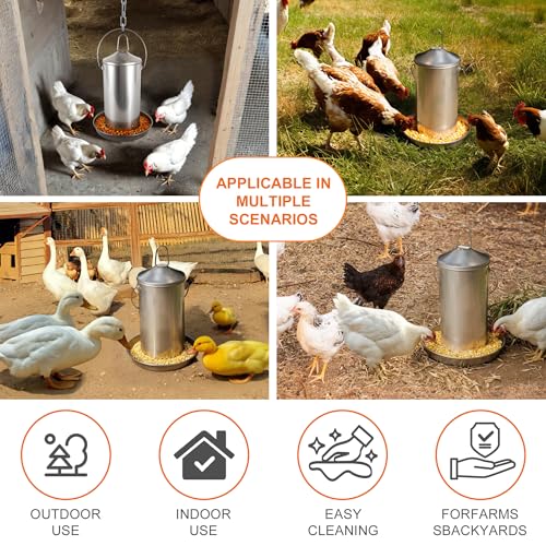 8.8lb Stainless Steel Hanging Chicken Feeder, Metal No Waste Poultry Feeder, Rustproof, Reusable, Long-Lasting, Gravity Feed Chicken Coop Accessories for Chicken, Geese, Duck, Hens, Rooster, Chick