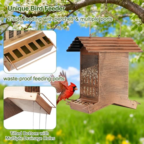 Large Bird Feeder, Extra Large 8 Lbs Capacity with 2-Side Feeding, Weatherproof Wasteproof Hanging Metal Bird Feeders for Outdoor, Easy to Clean & Refill