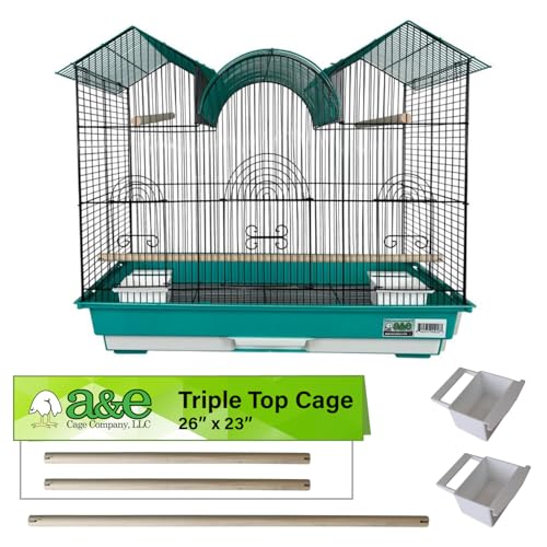 A&E Cage Co Triple Top Bird Cage for Parakeets & Finches, 26"x14"x23" Teal | Decorative Triple Roof, 2 Feeder Stations, 3 Wood Perches, Slide-Out Tray, Carry Handle, Safe Narrow Bar Spacing