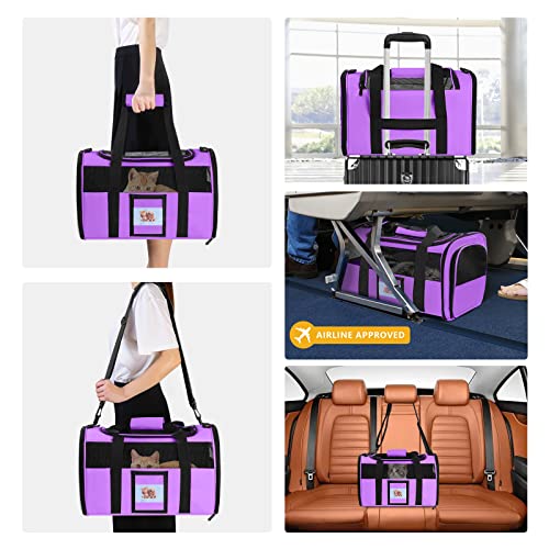 17" Airline Approved Cat Carrier for Cats up to 15lbs, Purple | TSA compliant fits under seat, soft-sided lightweight, 4-side breathable mesh,collapsible food bowl for travel - color: Purple