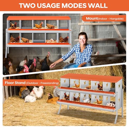 Garvee Chicken Nesting Box, 10 Compartments Nesting Box for Chickens, Galvanized Steel Chicken Laying Box for Easy Egg Collection, Wall Mounting - color: Orange | 10 Compartment+legs