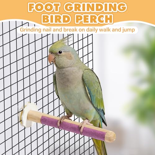 Wooden Bird Perch Stand with Grinding, 2Pcs Parrot Cage Stand Branch, No Hurt Foot Claw Grinding Bird Perch for Cockatiels, Parakeets, Lovebirds - color: Purple+Yellow