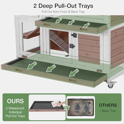 47.2" Two-Story Rabbit Hutch with Wheels, Indoor Outdoor Bunny Cage with Openable Viewing Window & Leakproof Sliding Trays, Wooden Rabbit House with Ramp-(Brown) - color: Brown-AIR06