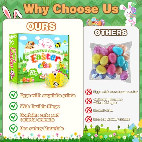 24 Pack Prefilled 3D Printed Animals with Easter Eggs Set Easter Day Gift Figurines Gifts Toys for Kids Basket Stuffers Classroom Prizes Exchange Party Favors