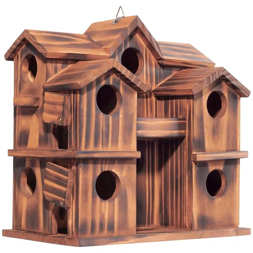 MIXUMON Wooden Bird Houses for Outside – 10 Rooms Multi-Chamber Bird House, Carbonized Pine Rustic Finish, 1.57" Entrance Holes, Individual Cleaning Doors, Decorative Outdoor Bird Nesting Box