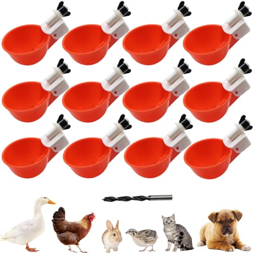 Chicken Waterer Cups, 12 Packs Poultry Water Feeder with Drill, Large Poultry Waterer Automatic Waterer for Chicken Coop, Duck, Chicks, Goose, Turkey, Bunny, Bird (Red, 12 Pack) - size: 12 Pack