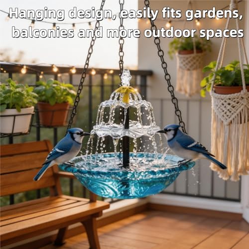 2026 New Solar Cascade Hanging Bird Bath Fountain – Outdoor Bowl Bird Bath with Solar Pump, Large Hanging Fountain for Hummingbirds, Gardens, Patio & Backyard (Blue)