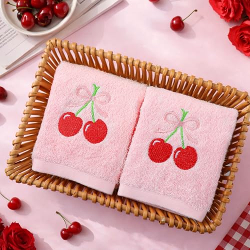 SmoothNovelty 2 Pcs Cherry Hand Towels for Bathroom Decor 14x29 Inch | Embroidered Cute Bathroom Hand Towels, 100% Cotton, Soft Absorbent, Spring Summer Bathroom Kitchen Decor - style: Cherry