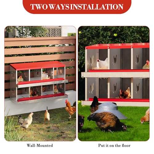 Galvanized Steel Chicken Nesting Box 8 Grids, Metal Egg Laying Boxes for Hens with Hinged Lid and Ventilated Design, Easy Clean Poultry Nest Box for Chicken Coop Accessories, Red, No Legs - color: Red, size: 8 Holes no Legs