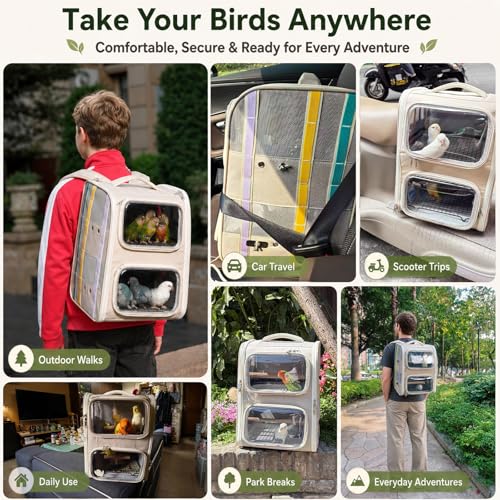 Dual-Level Bird Backpack, Portable Parrot Travel Cage with Removable Divider for 2-4 Small to Medium Birds or 1 Larger Bird,Parrot Bag Carrier with Perch Rods, Feeding Bowls and Trays (Beige)