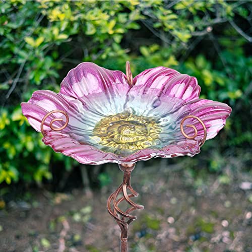 Glass Birdbath Birdfeeder with Metal Stake Garden Yard Outdoor Pink | 31inch height stain glass bird bath for outside,pink flower bird bath bowl,attract wild birds and beautify outdoor gardens - color: Pink+Yellow