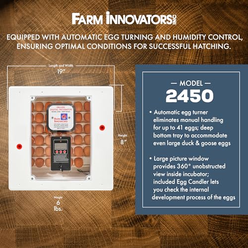 Farm Innovators Model 2450 Pro Series Digital Circulated Air Egg Incubator with Automatic Egg Turning and Humidity Control, 41 Egg Capacity | 4 dozen egg capacity; auto turner; integrated fan; digital display w/temperature, humidity, days to hatch; large