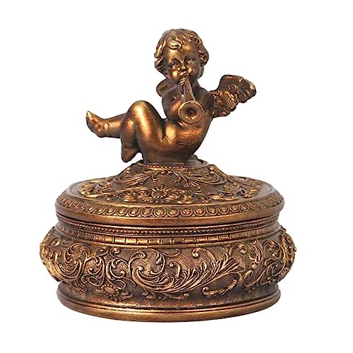 S-MANTIS Vintage Box Antique Trinket Organizer Rings Earrings Storage Gilded Round Box With Sophisticated Floral Decor And Cherub Playing The Trumpet Lid Keepsake Unique Gift (Antique Gold-Round) - color: Antique Gold-Round