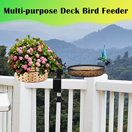 HRAYLTOP Deck Bird Feeders with Metal Mesh Tray and 2 Water Bowls - Detachable Adjustable Heavy Duty Clamp Bracket, Rail Bird Bath Balcony Porch Railing Feeder Perfect for Attracting Birds. - size: 8.8 Inch (Deck Mount)