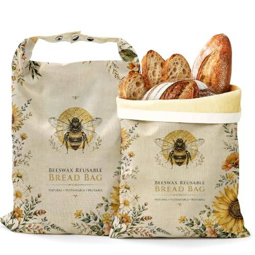 Bee Sunflower Bread Bags for Homemade Bread, Botanical Garden 2 Pack Linen and Beeswax Sourdough Storage Bags, Reusable Keeper, Keeps Breads Fresh Longer, Gifts for Bakers - color: Bee Sunflower