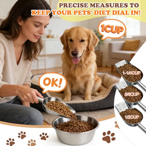 Dog Food Scoop Stainless Steel with Long Handle, Precise Measuring Cups | 1.5, 1 1/4, 1, 3/4, 1/2 Cup, Pet Scoop for Cats, Rabbits, Animals, Metal Spoon for Dog Food Storage (1.5CUP) - size: 1.5CUP