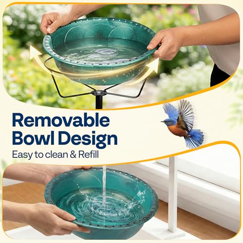 VIVOHOME Bird Bath for Outside with Metal Ground Stake, Green | Weather-Resistant ABS, 13-Inch Bowl, 1.45-Gallon Capacity, for Outdoor/Garden, Bird-Friendly, Easy to Clean - color: Green, size: Birdbath Only