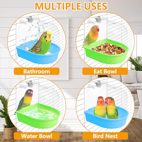 Tfwadmx 3Pcs Bird Bath for Cage Hanging Parakeet Bath Box Clear Bird Bathtub Water Shower Food Feeder Bathing Tub for Cockatiel Conure Canary Budgies - color: Green, Blue &Orange