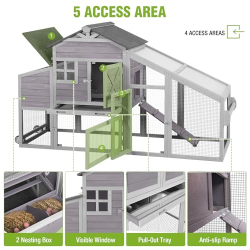 GUTINNEEN Chicken Coop with Wheels for 2-4 Chickens, Large Wooden Outdoor Hen House with Run, Waterproof & UV-Resistant Roof, Removable Leakproof Tray and Divided Nesting Box– Grey - color: (Grey-AIR32)
