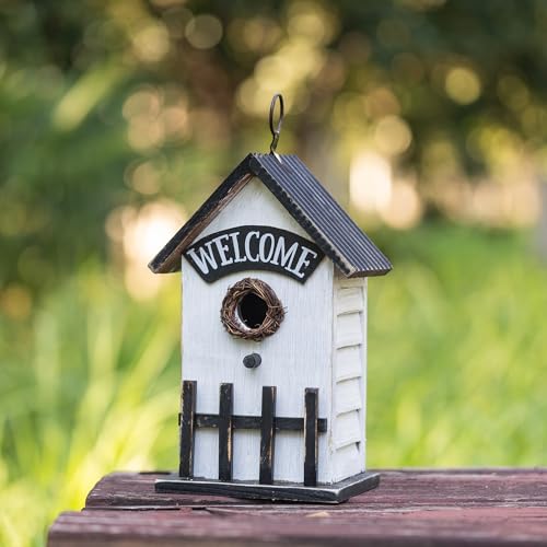Glitzhome Bird Houses for Outside, Birdhouses for Outdoors, 11" H Washed White Solid Wood Bird Houses Fence Garden Hanging Birdhouses for Bluebird Swallow Sparrow Hummingbird Finch Cardinals - color: 11"H White