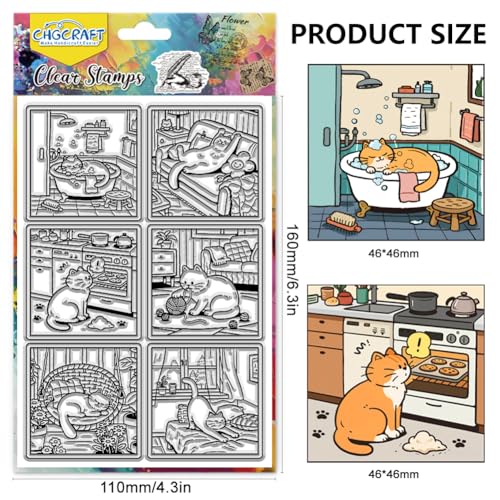 CHGCRAFT Cat Life Comics Clear Stamps Cat Taking a Bath Transparent Stamps Pet Sleeping Silicone Clear Stamp Seals for DIY Scrapbooking Photo Album Decoration, 4.3×6.3 inch - style: Cat Life