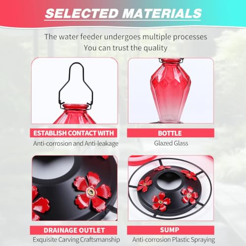 2 Pack Glass Hummingbird Feeder for Outdoors Hanging, 25Oz Humming Bird Nectar Feeder, Perch, 5 Flower Feeding Ports, Leak Proof Base, Hook for Outside Garden Backyard, Gift for Women, Diamond Red - color: Diamond Red-2