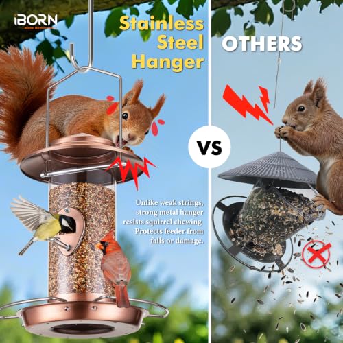 Bird feeders for Outdoors Metal Chew Resistant Copper-Plating, 1PK | Metal Roof, Metal Tray, Stainless Hanger, Flip-Top Fill, 3 stainless Perches with 2 Feeding Ports, Easy-Clean, 1.5LB - color: Copper-Plating