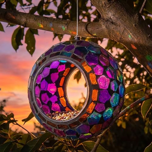 Sunnydaze Mosaic Glass Bird Feeder, Fly-Through, Iridescent Purple Mosaic | 6" Small Unique Hanging Bird Feeder for Outdoors, Drainage Hole, Weather-Resistant, Birdfeeder for Cardinals, Jays, & Finches - color: Iridescent Purple Mosaic