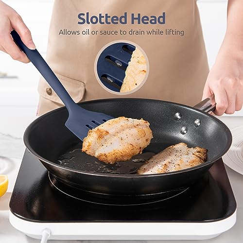 U-Taste 600ºF Heat Resistant 13.6in Long Solid & Slotted Silicone Turner and 600ºF Heat Resistat Silicone Flexible Baking Spoon Spatula & Cooking Scoop Spoonula (Midnight Blue)
