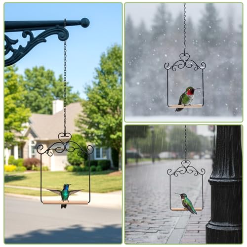3 Pcs Black Metal Frame Hummingbird Swing, Bird Swings with Wooden Dowel and Chain, Hummingbird Perch, Hummingbirds Accessories for Hanging Indoor, Outdoor, Lawn, Patio, Garden