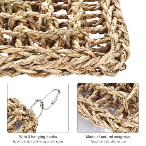 2Pcs Natural Sea Grass Parrot Mat - Foraging Chew Wall Toy with Climbing Rope & Hook, Hanging Play Pad for Lovebirds/Cockatoos/Budgerigars/Conures/Pigeons | 2 Sizes29.53x6.89 &7.48x7.48 Inches