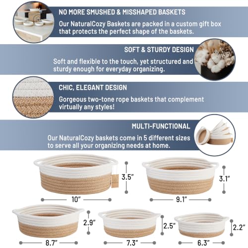 5-Piece Round Woven Cotton Rope Storage Baskets for Organizing, Small Shallow Nesting Set for Montessori Toys, Entryway Catchall, Fruit Bowl, Key Tray, Remote Holder, Nursery & Pet Toys - color: Off White & Jute