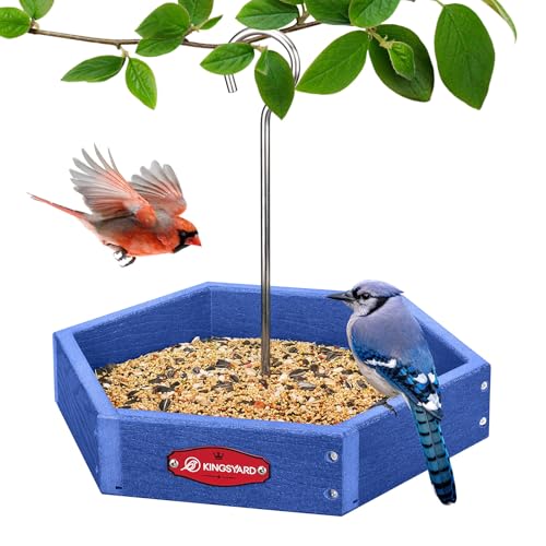 Kingsyard Hanging Platform Bird Feeder for Outdoors, Deep Tray, Blue | Weather-Resistant Recycled Poly Lumber, Fast-Draining Metal Mesh Base, Easy to Clean, Holds Up to 3 lb of Seed - color: Blue
